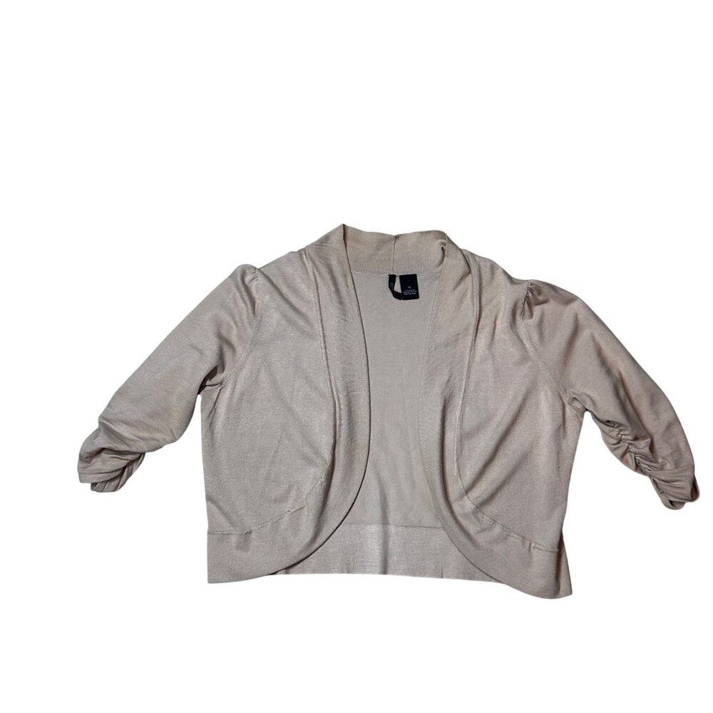 New Directions Woman Beige Open Front Cardigan with Ruched 3/4 Sleeves 1X 1915